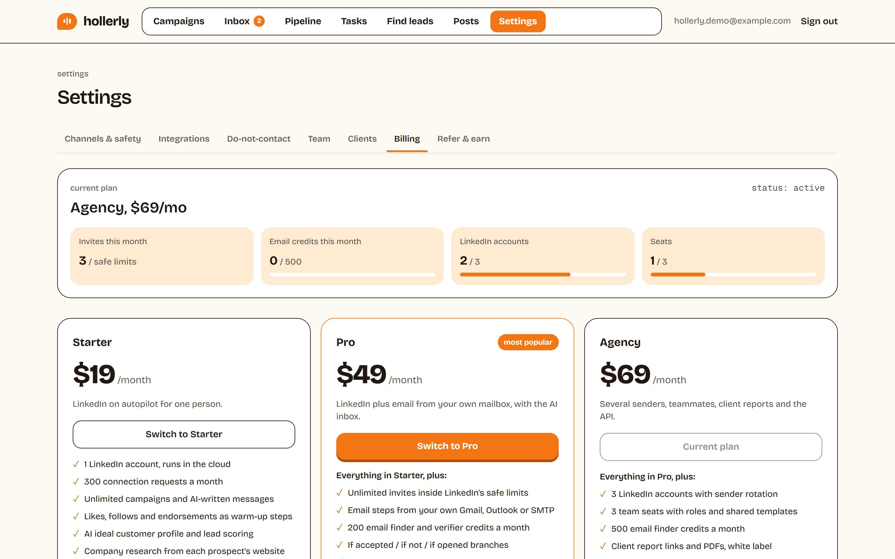 Hollerly plans and billing page showing Starter at $19, Pro at $49 and Agency at $69 a month