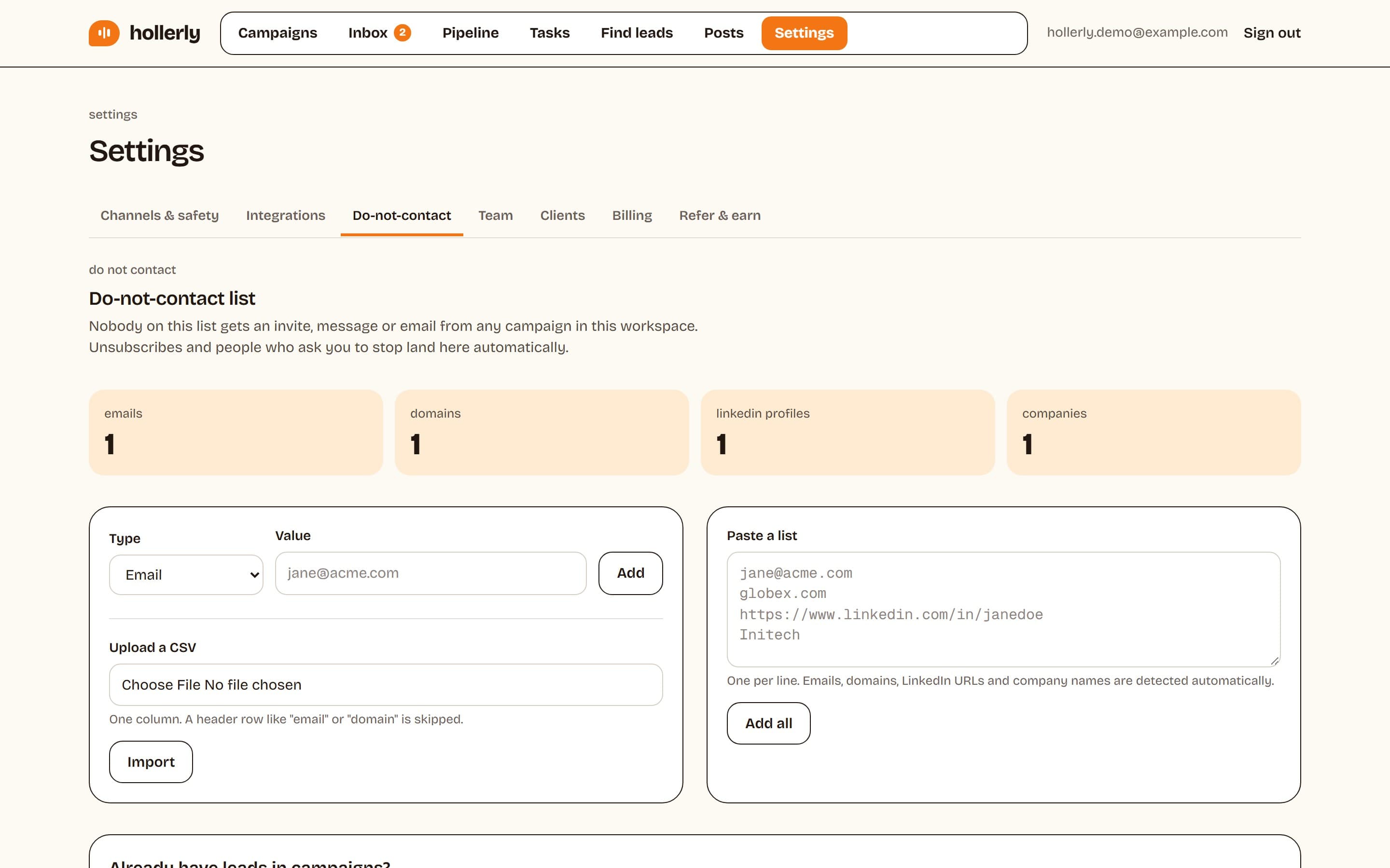 Hollerly do-not-contact blocklist with entries for email addresses, domains, LinkedIn profiles and companies