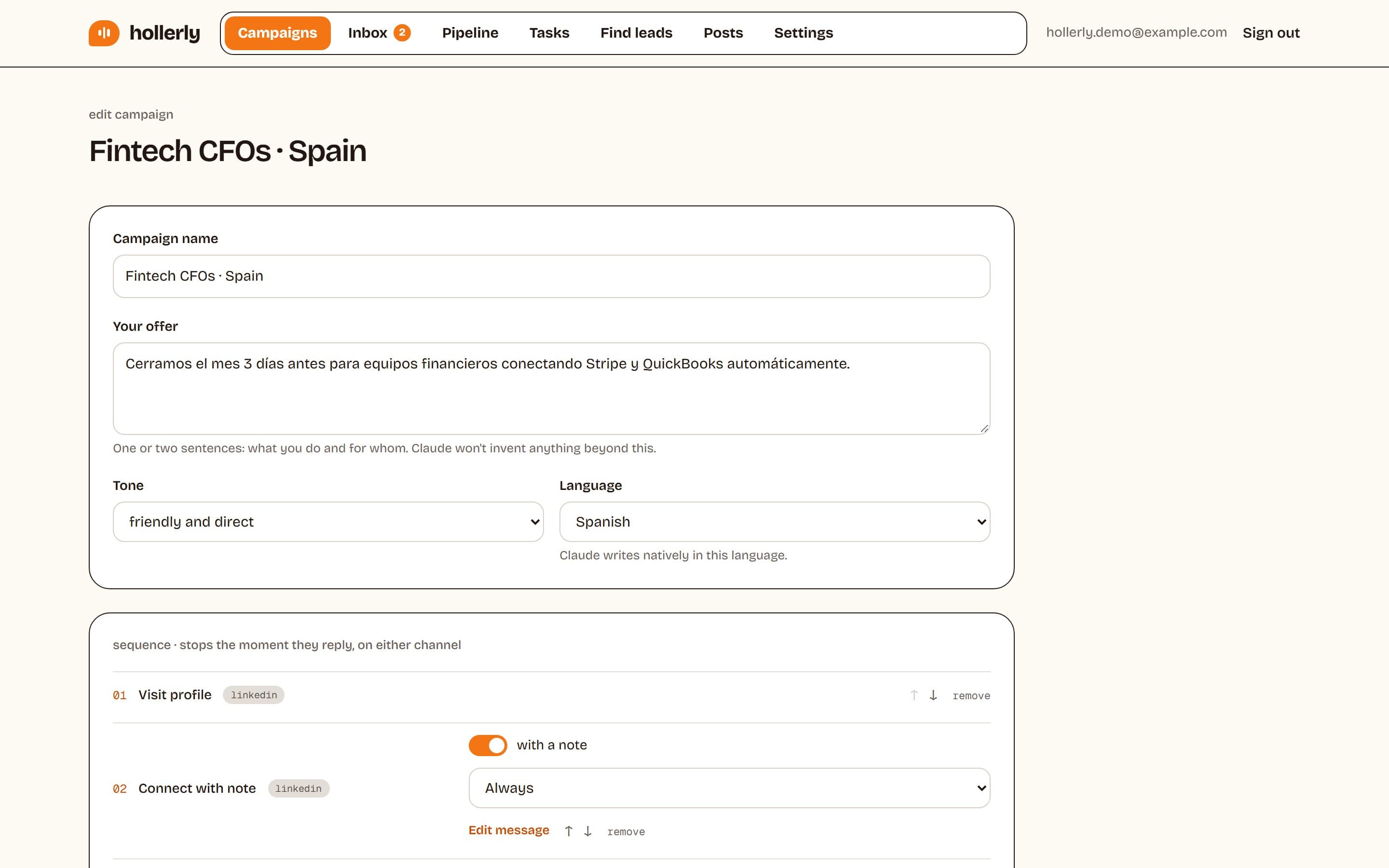 Hollerly campaign editor with a sequence that visits a profile and then sends a connection request with a note, with a condition on each step