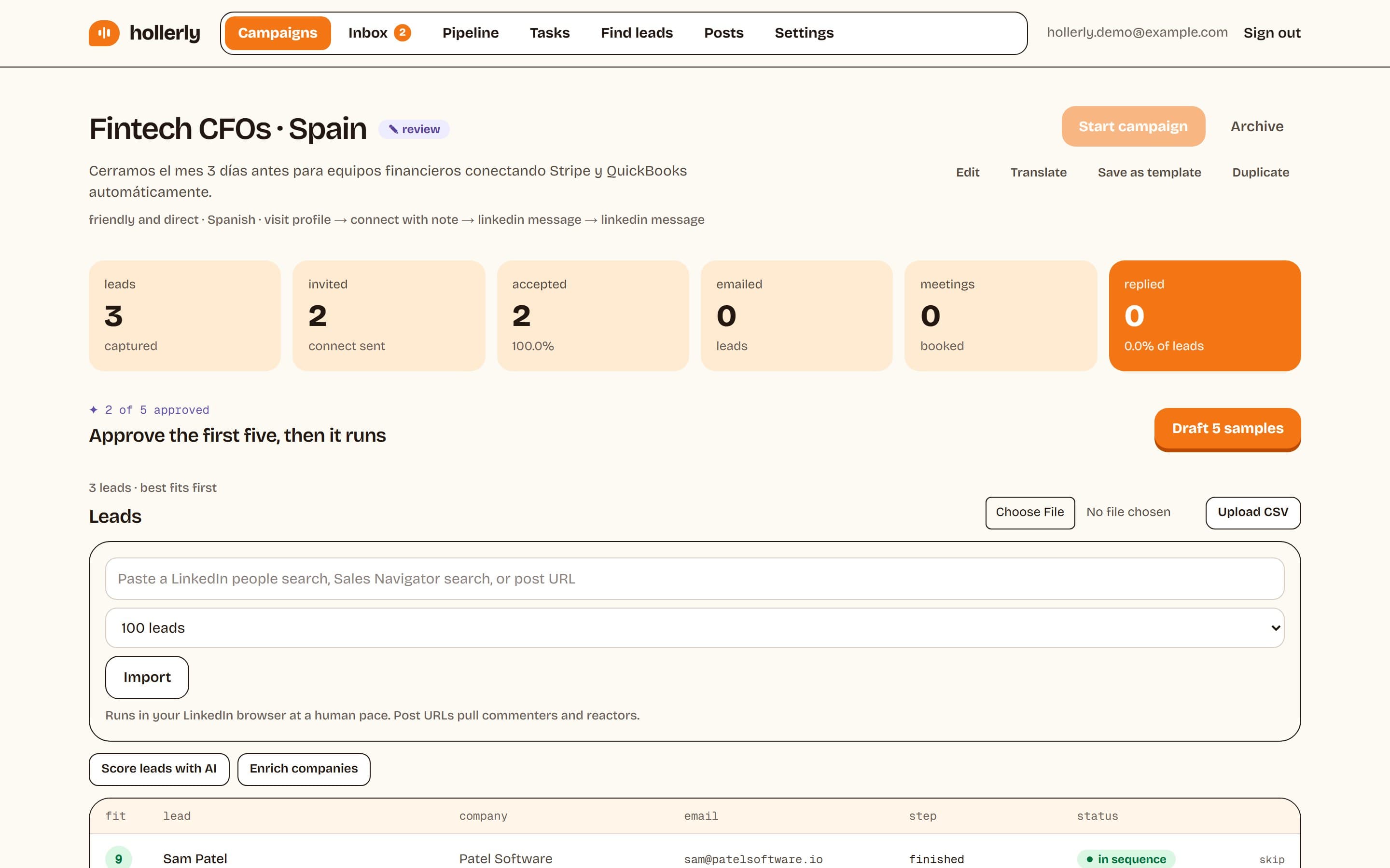 Hollerly campaign page with lead import from a LinkedIn search, Sales Navigator or a post URL, CSV upload, and a lead table with fit scores and invite and accept stats