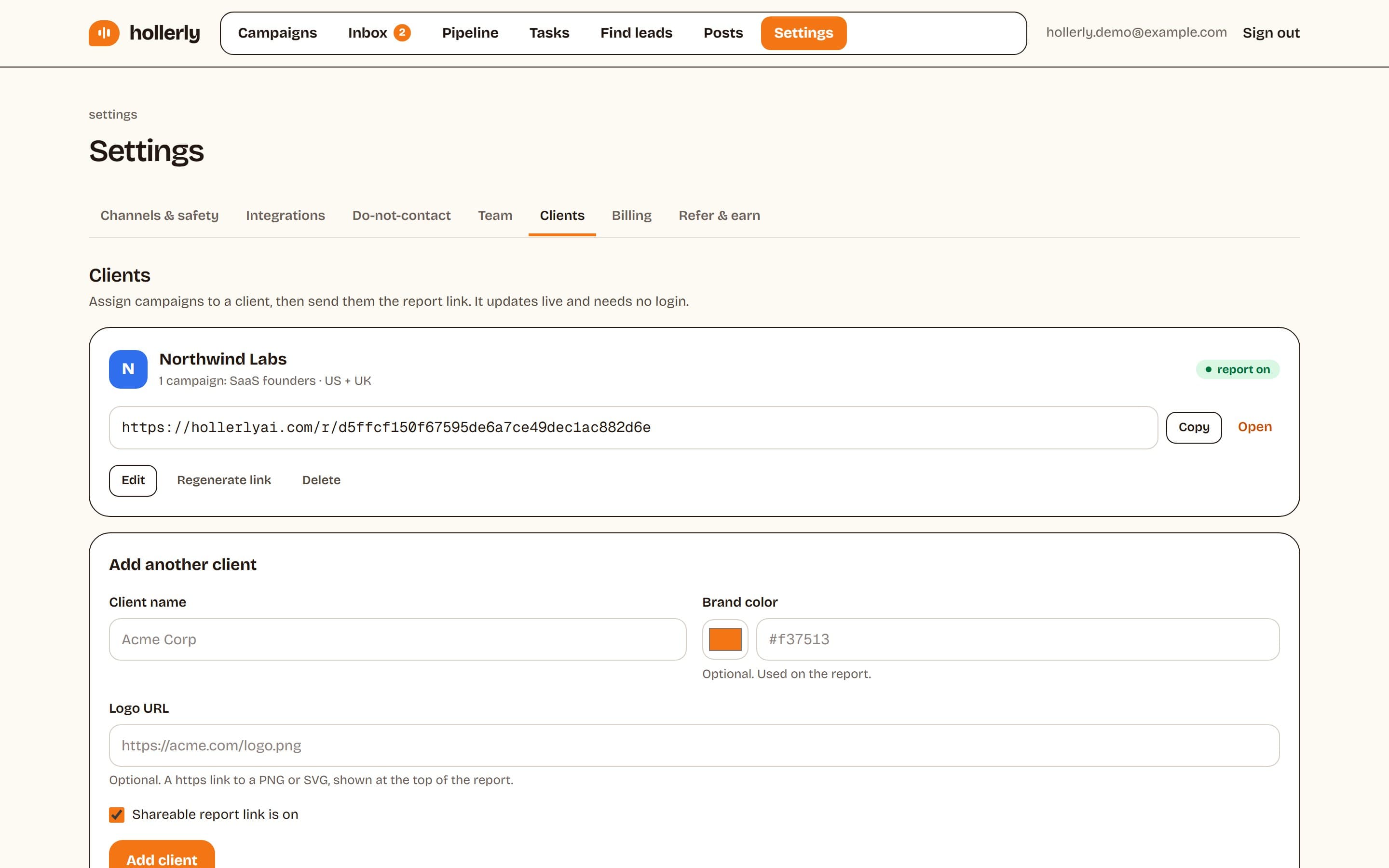 Agency client list with a shareable live report link per client