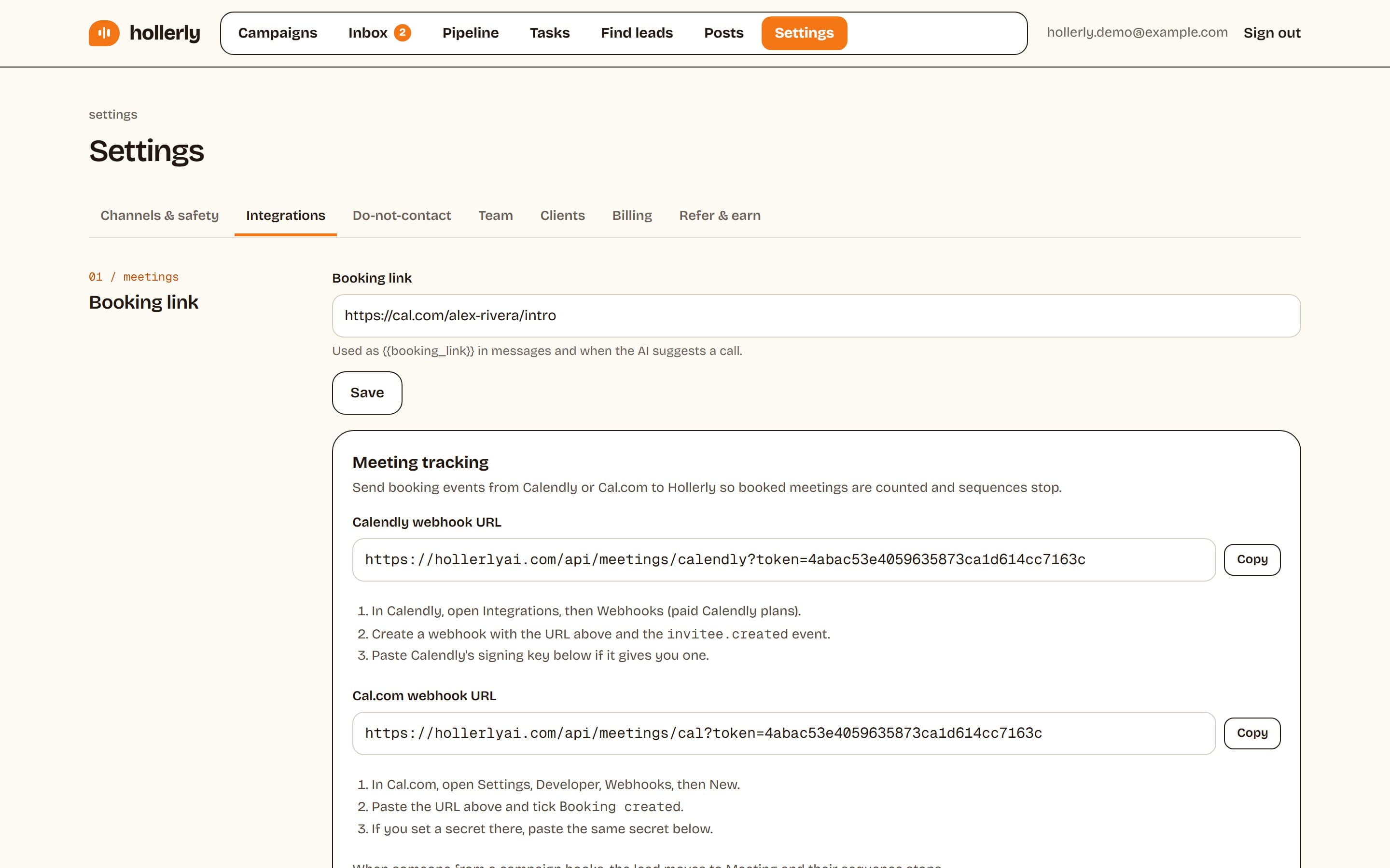 Hollerly integrations page with CRM sync options, webhooks and API keys