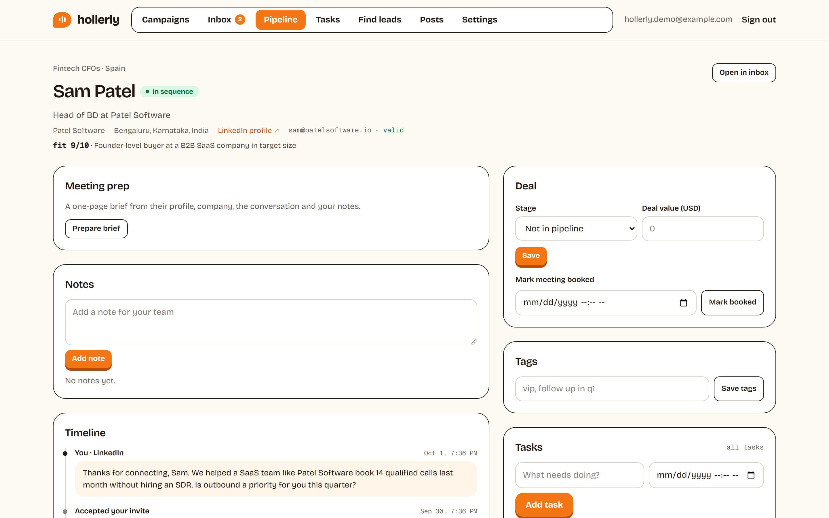Hollerly lead detail page for one prospect showing profile details, an activity timeline, notes and tasks