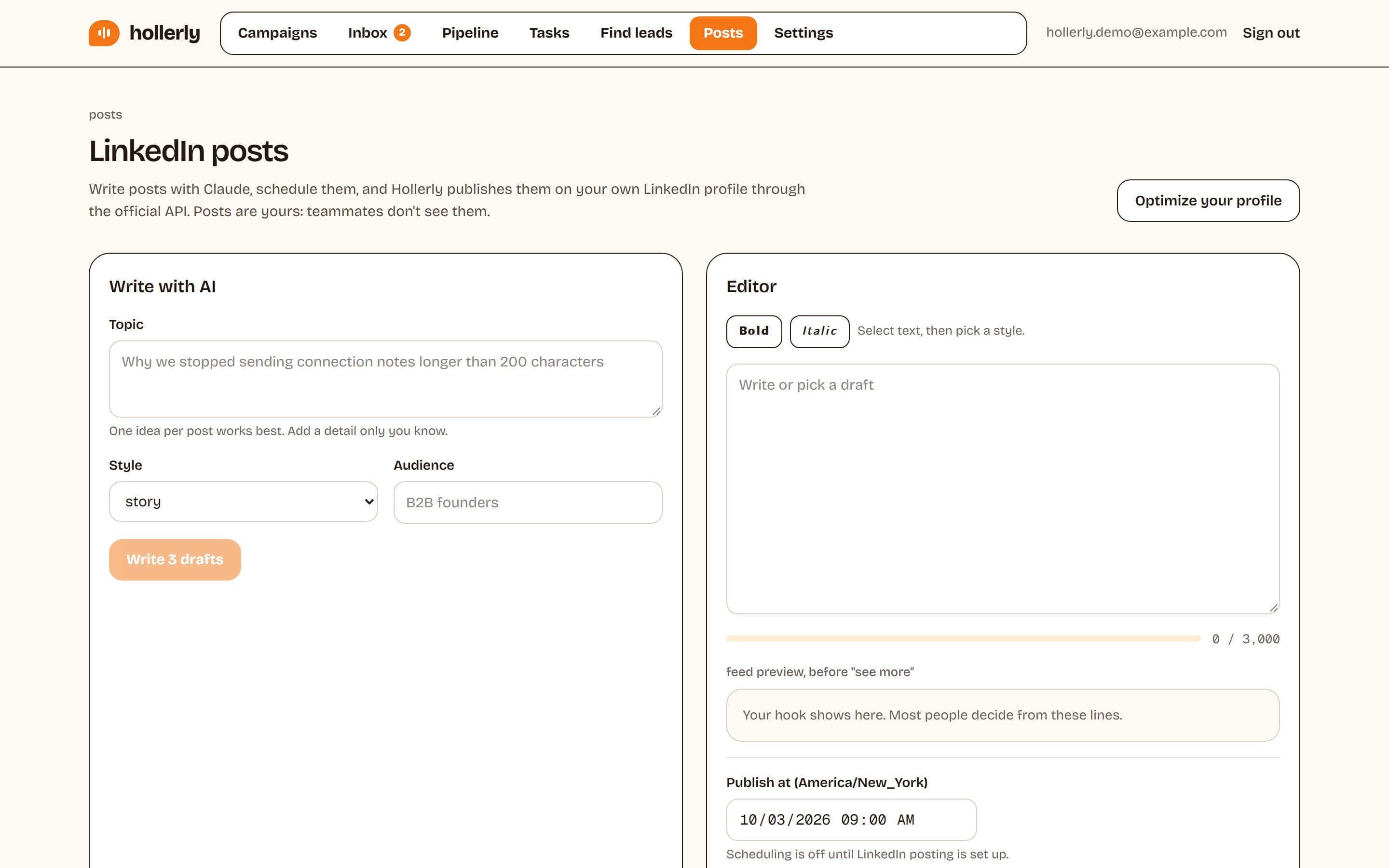 Hollerly LinkedIn posts page with a Write with AI form for topic, style and audience, an editor with bold and italic buttons, a 3,000 character counter, a feed preview of the hook and a publish time