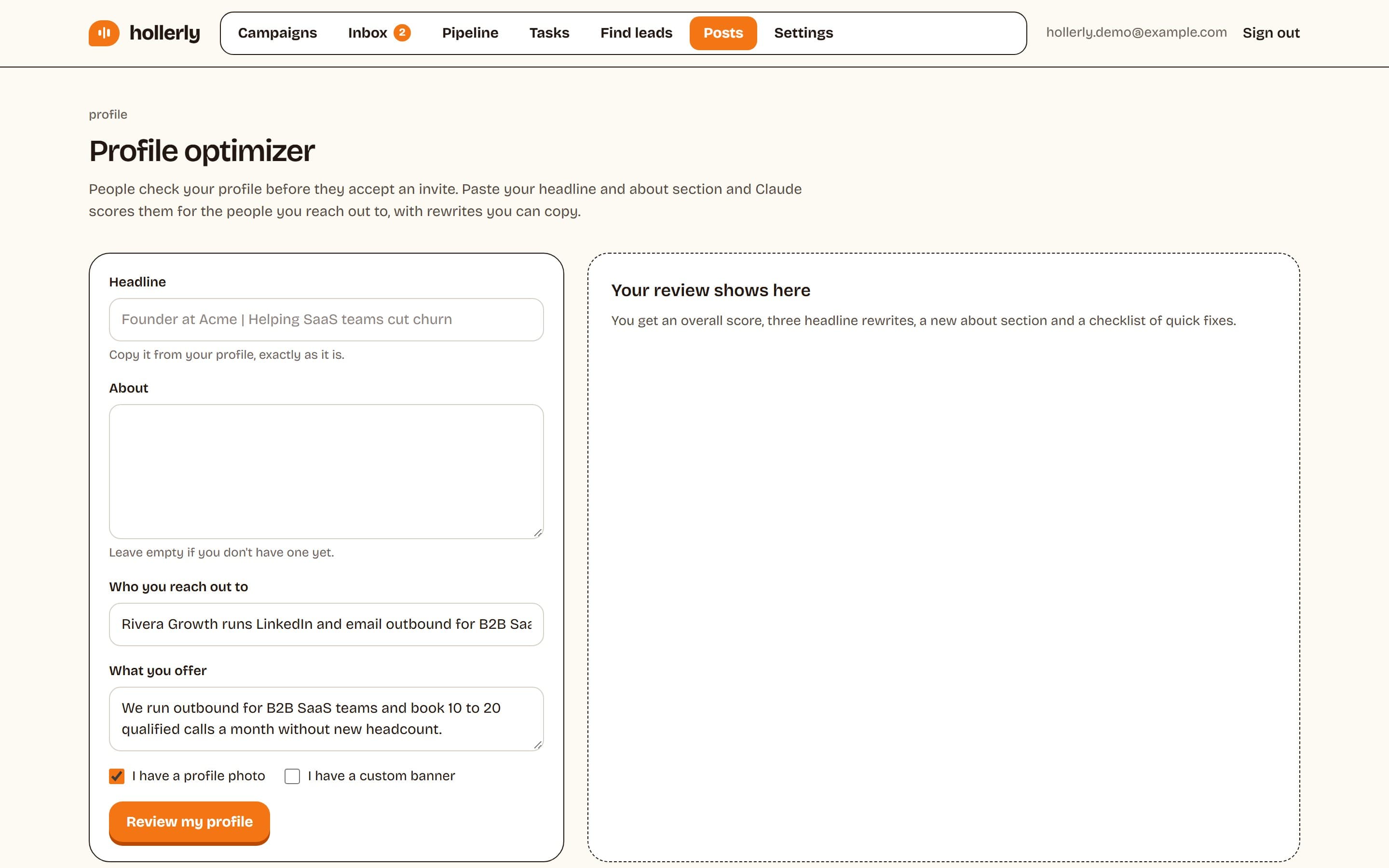 Hollerly profile optimizer with fields for your headline, About section, who you reach out to and what you offer, and a Review my profile button