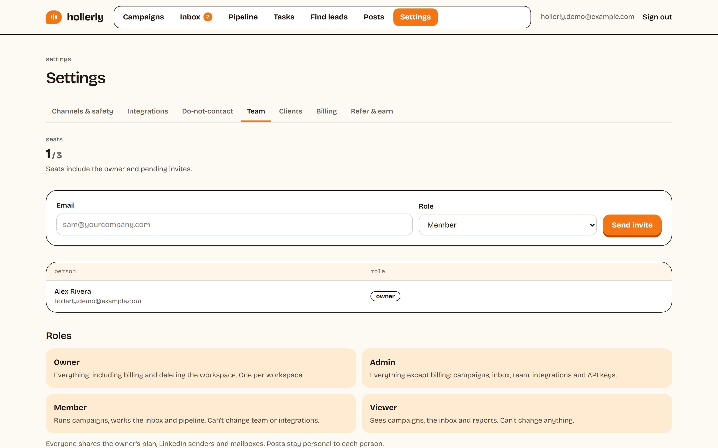 Hollerly team page listing members with admin, member and viewer roles