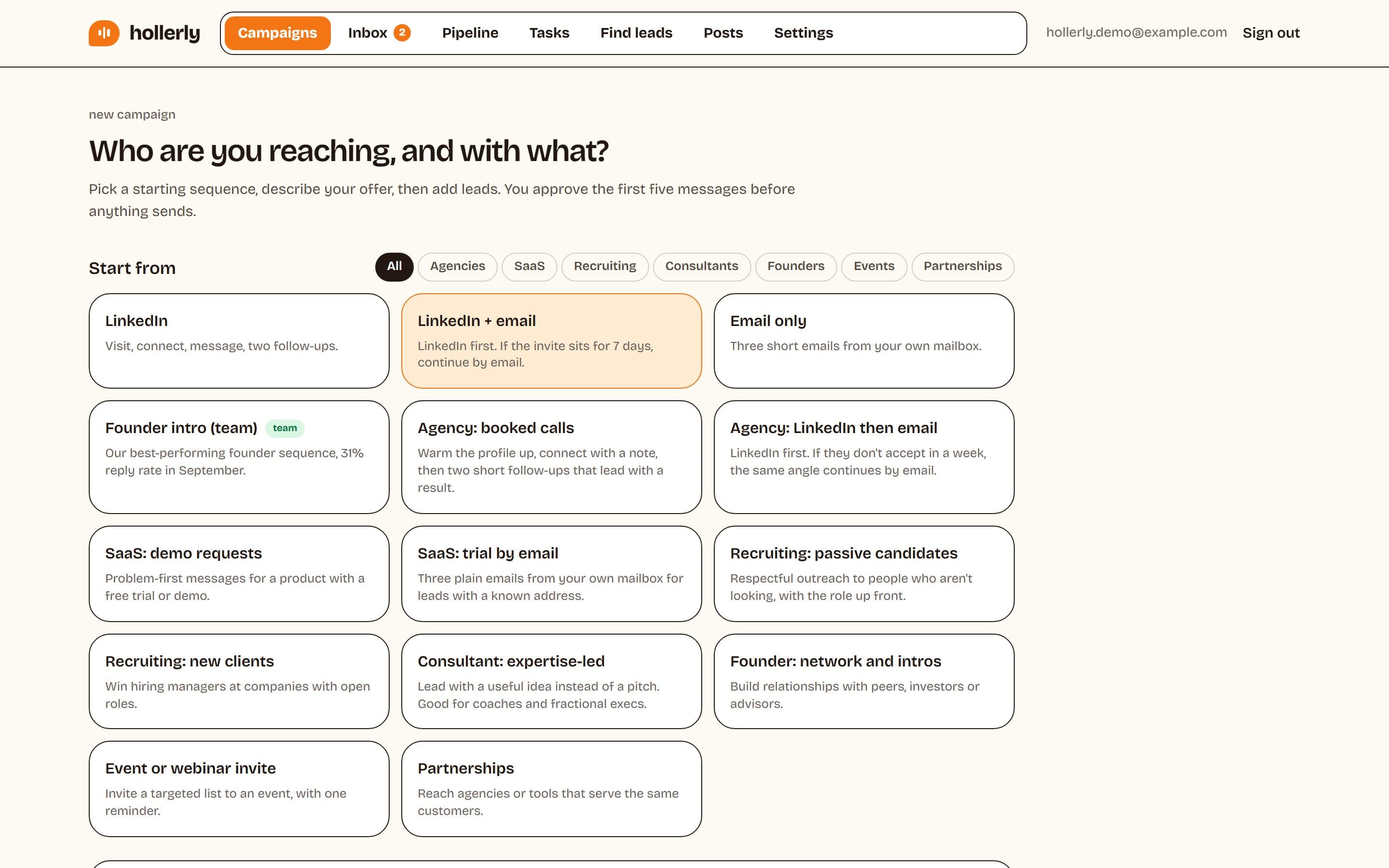 Hollerly new campaign builder with fields for offer, tone and language above a list of sequence steps